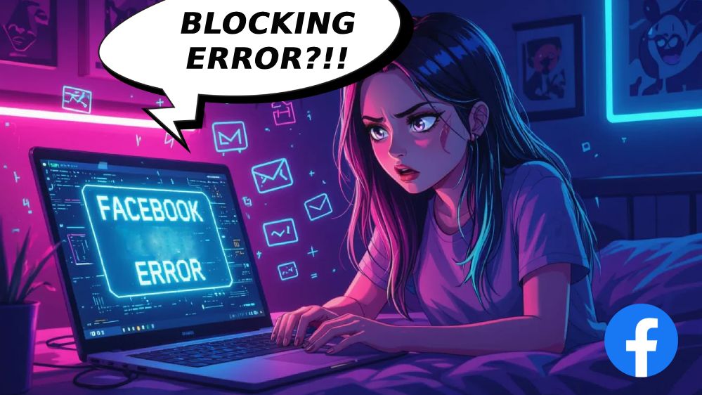facebook blocking error girl laptop neon
